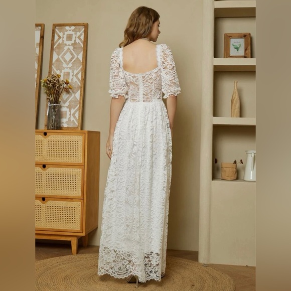 Sweetheart Neck Puff Sleeve Lace Overlay Dress - Picture 2 of 5